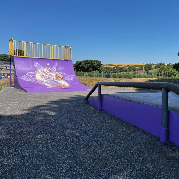 Chacewater Skate Park ramp with street art by Tech Moon. Swans in celebration of HM Queen's Platinum Jubilee